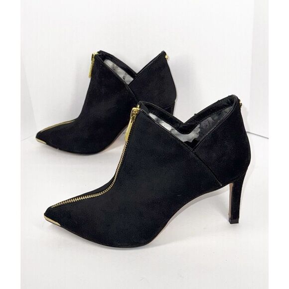 Ted Baker Millae Bootie Heels Black Suede Gold Zipper Stiletto Pointed 38.5/6 - Picture 8 of 16